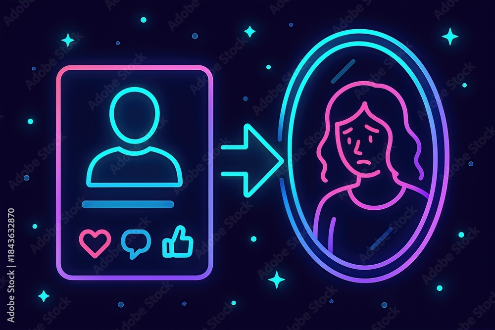 Fototapeta premium Digital identity transformation illustrating a profile morphing into an introspective portrait under cosmic lighting showcasing emotional connectivity and self reflection