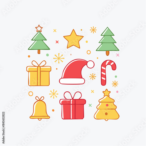 Festive Christmas Icons with Trees, Gifts, and Santa Hat