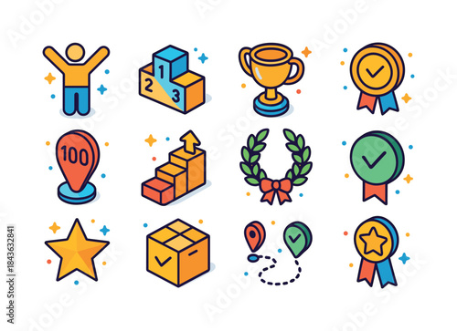 Achievement Icons Set. Achievement. Colorful isometric vector ic