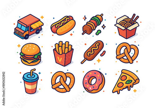 Street Food Icons. Street food. Colorful isometric vector icons