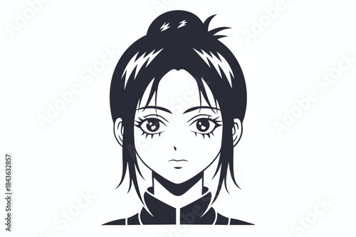 Monochromatic cartoon portrait shows a young Asian woman with her hair in a bun