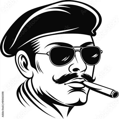 Monochromatic man with a beret and aviator sunglasses smokes a cigar confidently