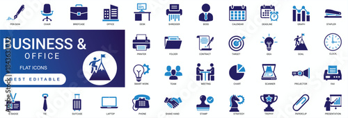 Business office solid icon set featuring corporate teamwork meeting, finance management report, project strategy chart, and employee workspace vector symbols