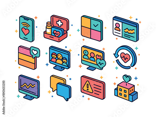 Connected Care Icons. Connected Care. Colorful isometric vector
