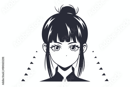 Monochrome anime girl looks forward with her hair in a high bun design