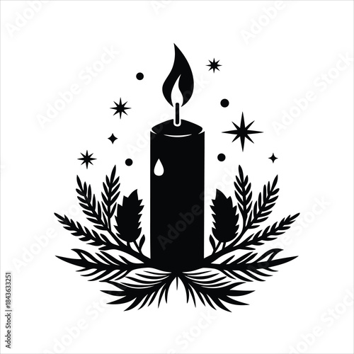Black silhouette of a lit candle surrounded by festive foliage and stars silhouette