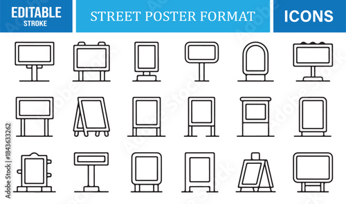 Street advertising board and poster format icons in editable stroke style