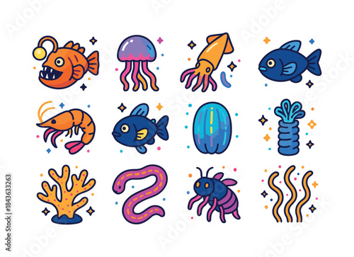 Bioluminescent Icons Grid. Bioluminescent creatures. Colorful is
