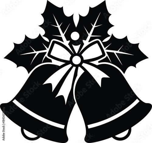 Christmas bells with holly and bow silhouette