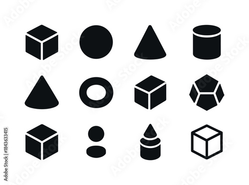 3D Shapes Icon Grid. 3D shapes. Solid icon set of 3D shapes: cub