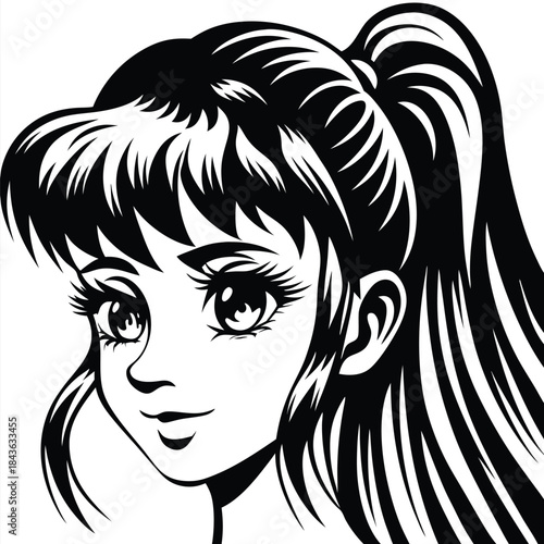 Monochrome cartoon shows a black haired woman with large manga eyes and a ponytail