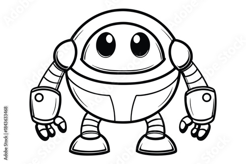Monochrome cartoon robot cheerfully stands with big eyes and a sweet smile on its face