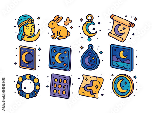 Colorful Moon Mythology Icons. Moon Mythology. Colorful isometri
