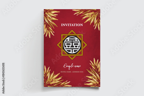 WEDDING INVITATION FRAME WITH FLOWER DECORATIONS AND FRESH LEAVES