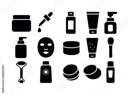 Skincare Icon Set. Trying skincare products. Solid icon set of t