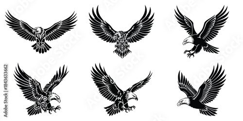 A collection of six intricate eagle silhouettes in flight with wings outstretched various angles and positions