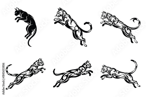 A dynamic collection of six stylized black and white tribal art cats in various jumping and running poses showcasing fluid motion and intricate designs