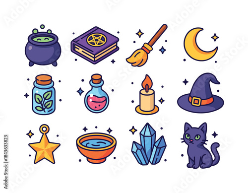 Witchcraft Icon Collection. Witchcraft basics. Colorful isometri