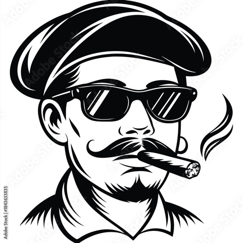 Monochrome illustration shows a man with a beret smoking, and wearing sunglasses