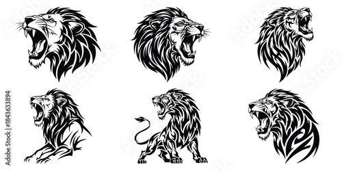 A fearsome black and white vector illustration of a majestic roaring lion with detailed tribal patterns on its mane and body