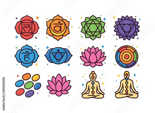 Colorful Chakra Icons. chakra system. Colorful isometric vector