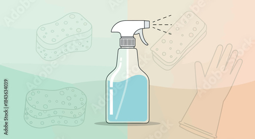 Cleaning supplies, including spray bottle, sponges, and gloves.