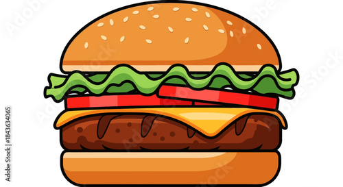 Cartoon hamburger with cheese, lettuce, and tomato
