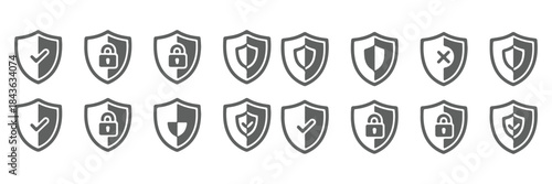 Security shield icon set. Shield check mark symbols. Protection and padlock logotypes. Vector illustration.