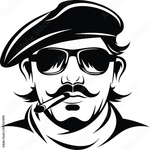 Monochrome man with beret smokes cigar wearing sunglasses boasts retro style and bold expression