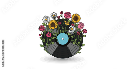 Vintage vinyl record with blooming flowers