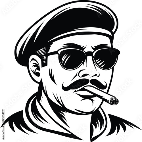 Monochrome man with moustache, sunglasses, and beret is smoking a cigar casually