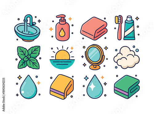 Morning Cleansing Icons. morning cleansing. Colorful isometric v
