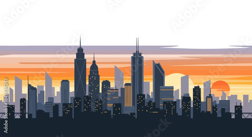 Stylized city skyline at sunset with warm orange hues.