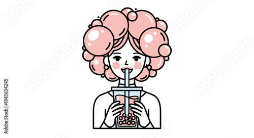 Woman with bubble tea hair drinks bubble tea