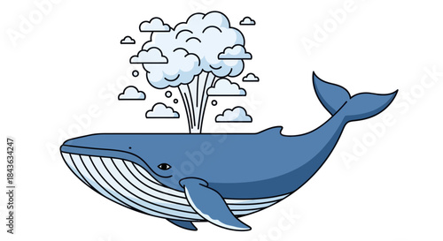 A blue whale exhales a large spout of water into the sky surrounded by clouds.