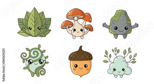 Cute kawaii nature elements with faces, including a leaf, mushrooms, acorn, and stone.