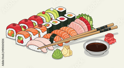 Assortment of delicious sushi and sashimi with chopsticks and soy sauce.
