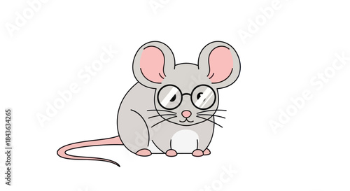 A cute cartoon mouse with glasses sitting on a white background.