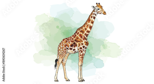 A giraffe with distinctive markings stands against a green watercolor background.