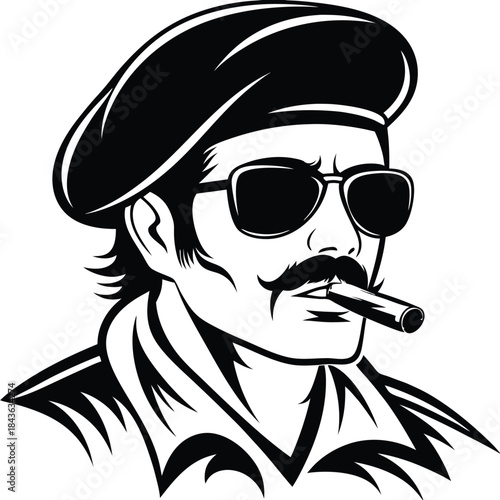 Monochrome man with mustache and beret enjoys a cigar while wearing dark glasses