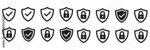 Shield security icon set, protection symbols, security icon with check mark and lock sign