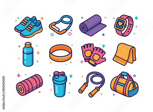 Vibrant Fitness Icons. Fitness accessories. Colorful isometric v