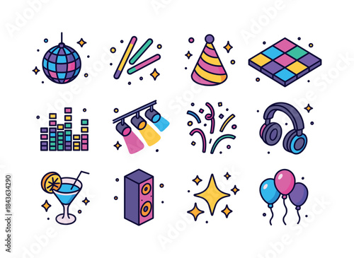 Colorful Party Icons. Party vibes. Colorful isometric vector ico