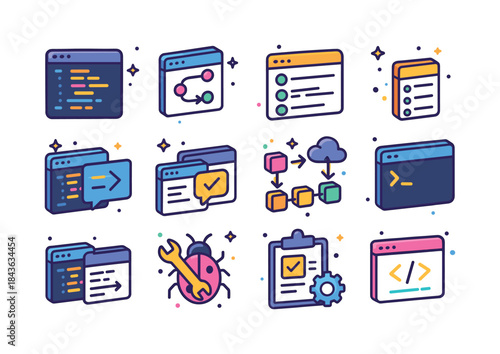 Programming Icons Grid. Programming workflow. Colorful isometric