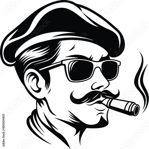 Monochrome portrait of a man wearing sunglasses and a beret while smoking a cigar