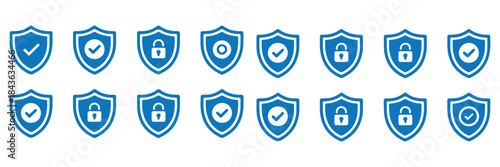 Hand-drawn Security shield icon set. Shield check mark symbols. Protection and padlock logotypes. Vector illustration.