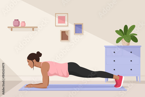 A digital illustration of a woman performing a plank exercise on a yoga mat, set in a serene indoor environment that promotes health, wellness, and fitness dedication.