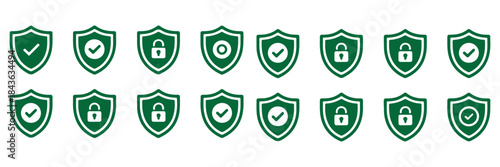 Hand-drawn Security shield icon set. Shield check mark symbols. Protection and padlock logotypes. Vector illustration.