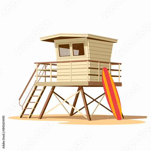 An illustrated lifeguard tower on a sunny beach with a surfboard beside it, symbolizing safety and summertime fun at the beach, perfect for summer-related themes.