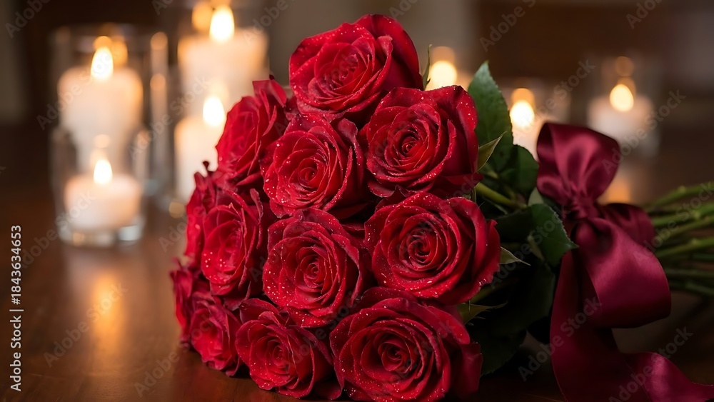 custom made wallpaper toronto digitalStunning bouquet of fresh red roses adorned with water droplets and a deep red ribbon, set against a backdrop of flickering candlelight